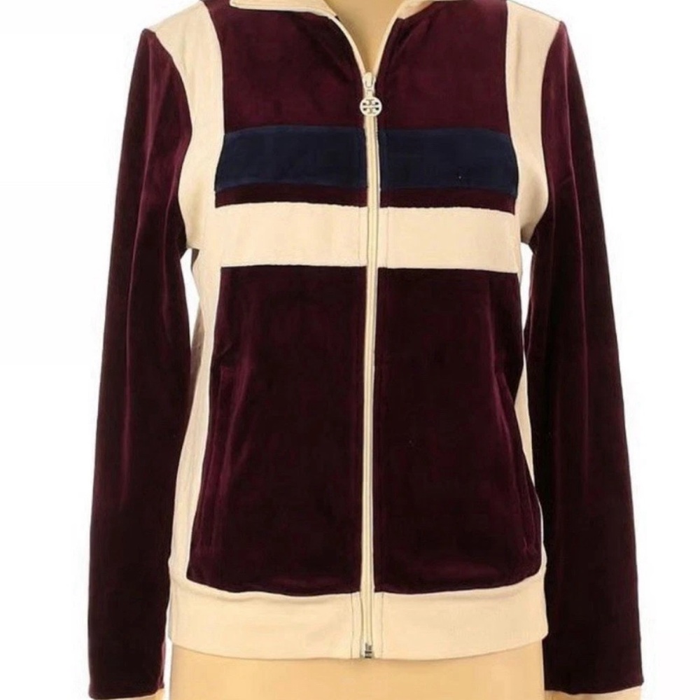 Tory Burch Velour Color Block Track Jacket - Winetasting Ivory Pearl -Size XS